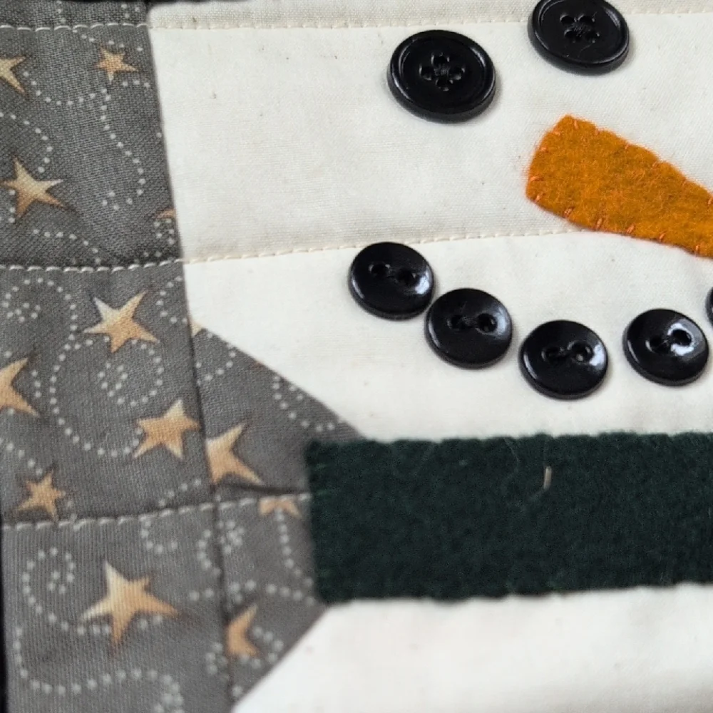 Handmade Quilted Winter Snowman Stars Table Runner Wall Hanging Gray Gold Black
